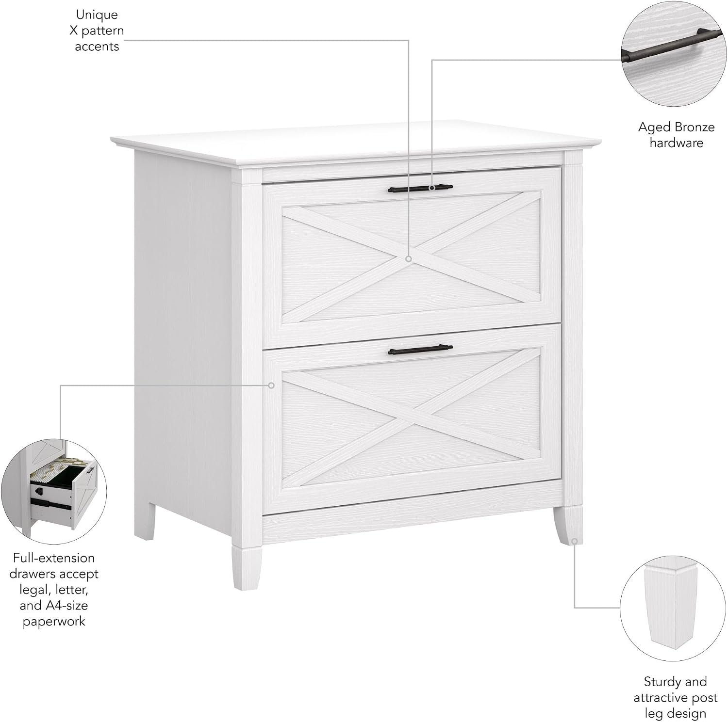 Bush Home Key West 2 Drawer Lateral File Cabinet in Pure White Oak, Document Storage for Home Office, Accent Chest with Drawers
