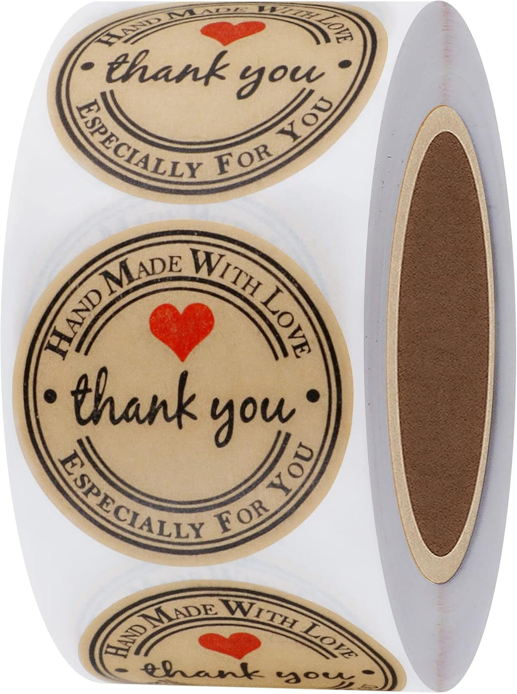 HYBSK Kraft Thank You Hand Made with Love with Red Heart Stickers 1.5" Inch Round Total 500 Adhesive Labels Per Roll (Kraft)