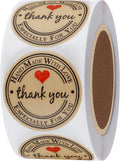 HYBSK Kraft Thank You Hand Made with Love with Red Heart Stickers 1.5" Inch Round Total 500 Adhesive Labels Per Roll (Kraft)