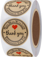 HYBSK Kraft Thank You Hand Made with Love with Red Heart Stickers 1.5" Inch Round Total 500 Adhesive Labels Per Roll (Kraft)