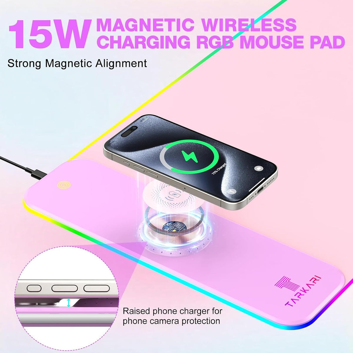 TARKARI 15W Magnetic Wireless Charging RGB Mouse Pad, 800x300mm Pink