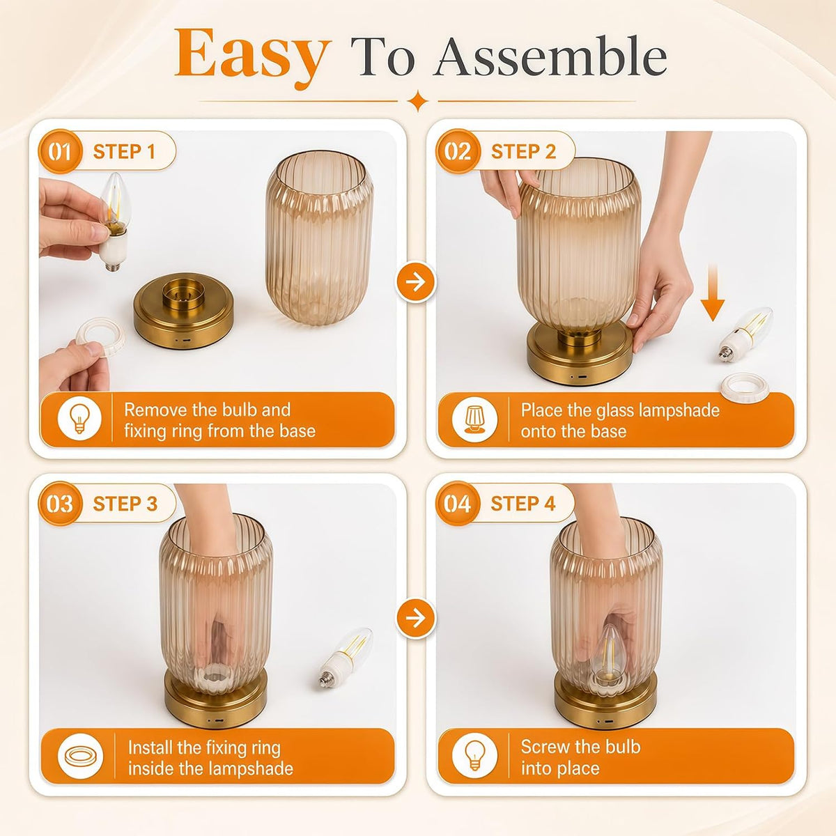 Cordless Glass Table Lamp, 3 Color Modes & Stepless Dimming, Amber