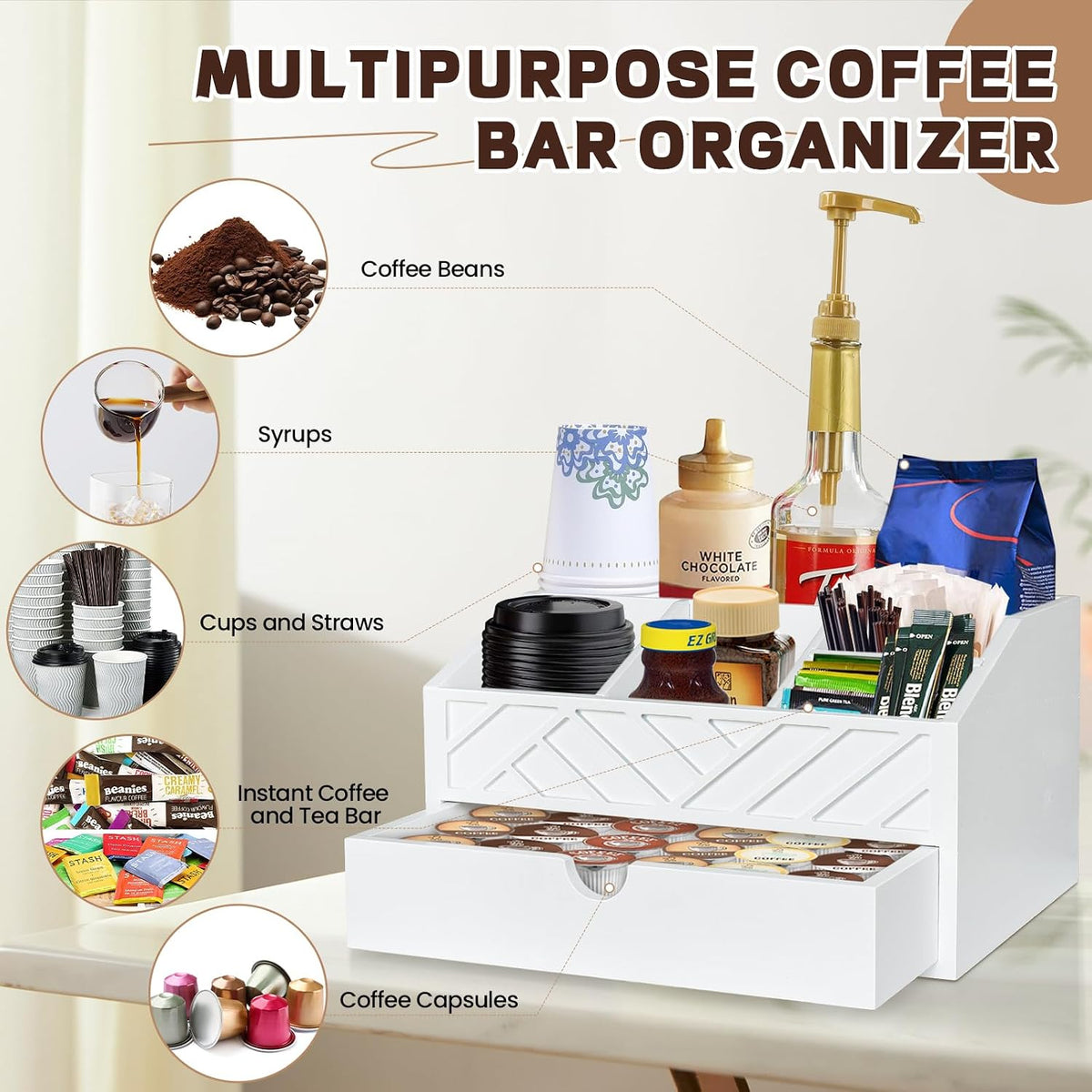 Coffee Bar Organizer with Drawer, Coffee Station Organizer for Countertop, Wo...