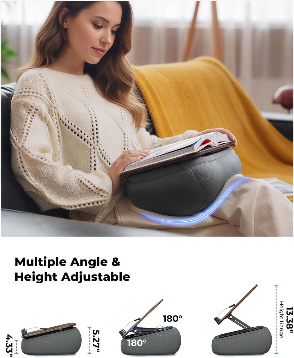 Viozon Lap Book Pillow Stand with Storage, Adjustable Beanbag Reading Pillow with Dark Wood Panel, Multi-Angle Book Holder for Hands-Free Reading in Bed or Sofa,Book Lover Essential,Soft Cushion