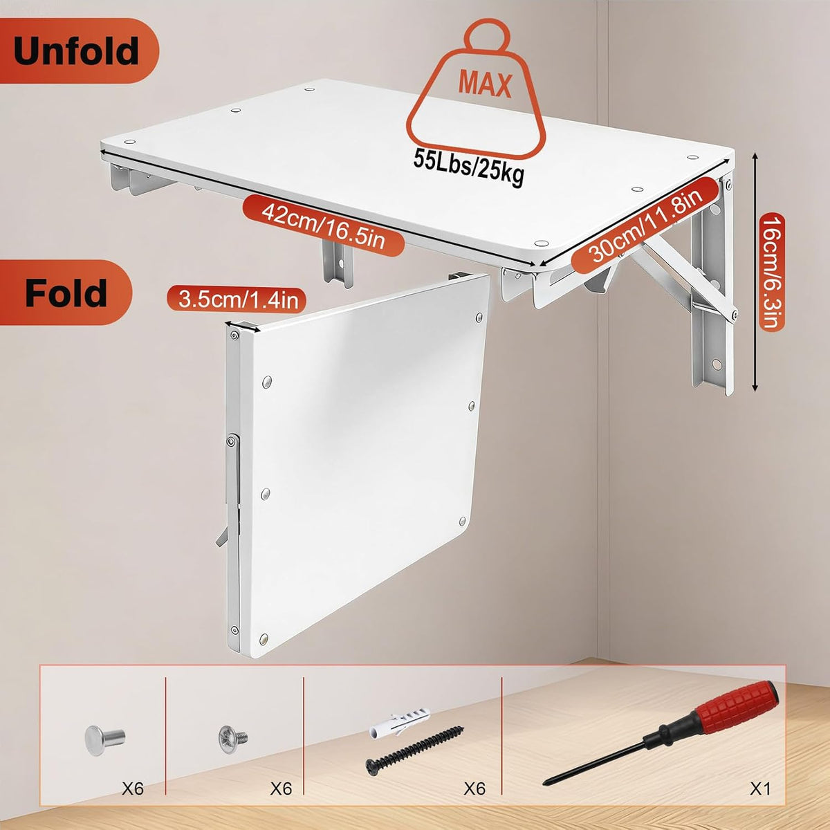 Folding Shelf Wall Mounted, 16.5inches Floating Desk for Small Space