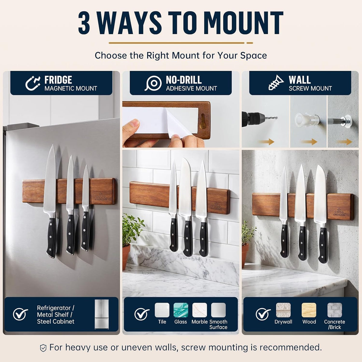 magnetic knife holder for wall, 10 inch acacia, close-up detail