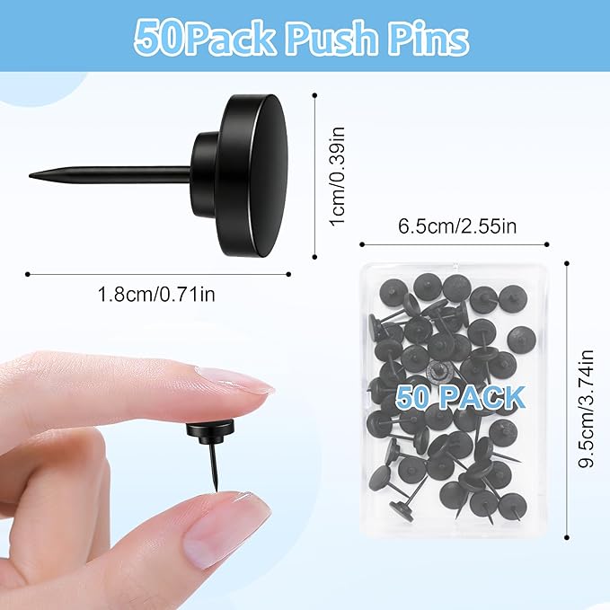 50Pcs Black Metal Push Pins for Bulletin Board, Flat Thumb Tacks, Heavy Duty - Image 2
