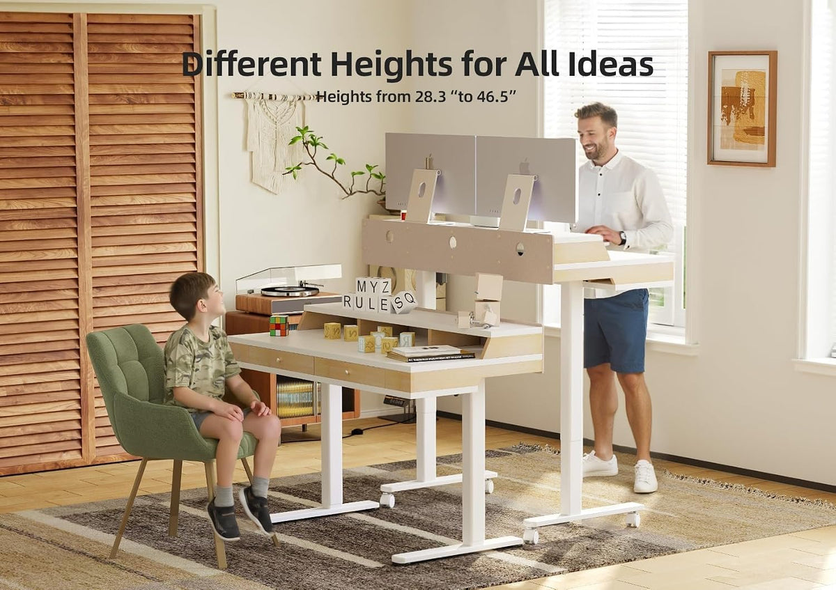 Claiks Standing Desk with Drawers & Wheels, 55 Inch, White