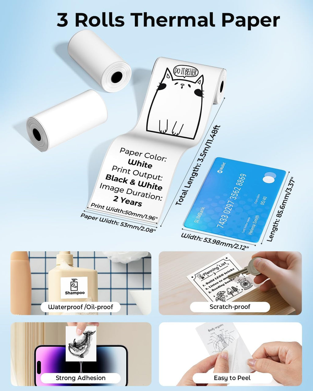 Memoking T02 Paper, White Thermal Sticker Paper, 50mmx3.5m, 3 Rolls | Compatible with T02/M02/T02 Pro/Q02E/M02X Mini Printer, Sticker Paper for Study, Photos, Journal, Texts, 2 Year Adhesive