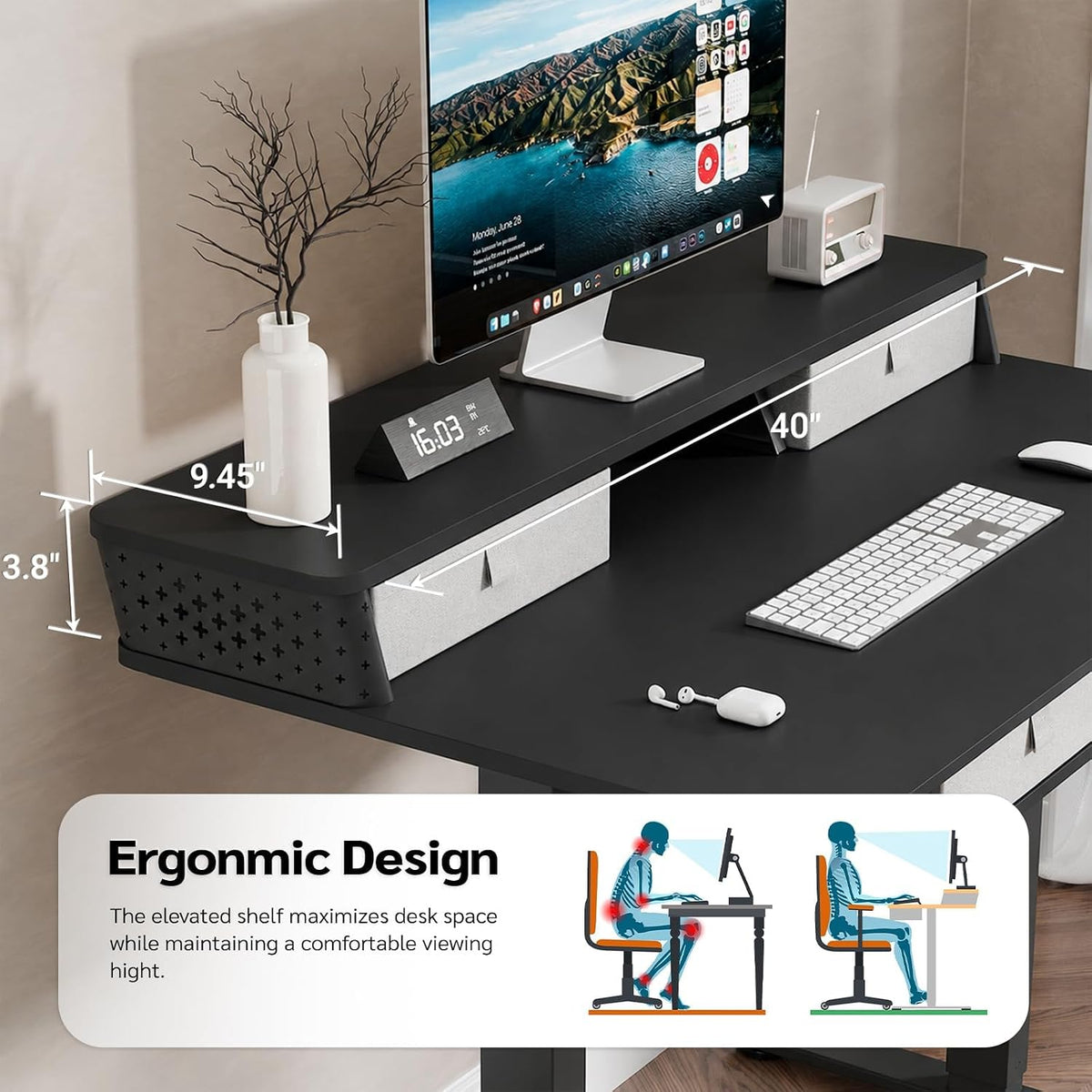 Kingant 40x24 Inch Electric Standing Desk with 4 Drawers, Black