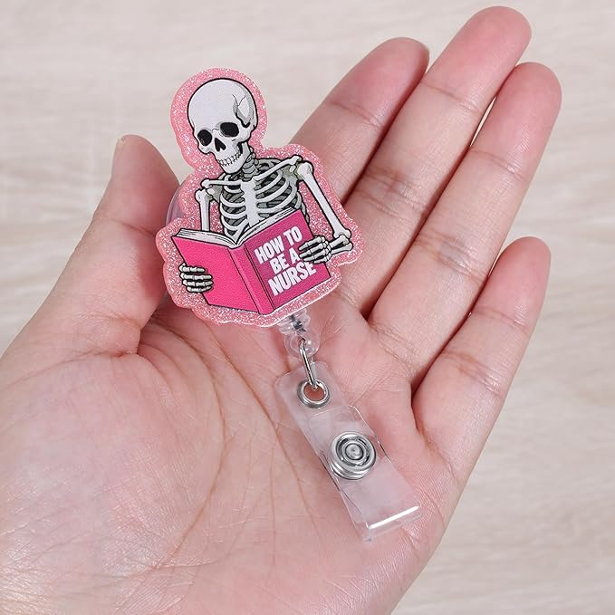 How to Be A Nurse Funny Skeleton Book Nurse Badge Reel, Cute Pink Radiology - Image 4