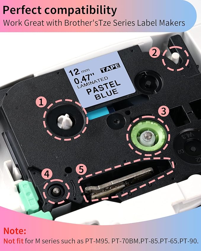 5-Pack Compatible Brother P Touch Label Tape TZe 12mm 0.47 Laminated TZ Tape - Image 2