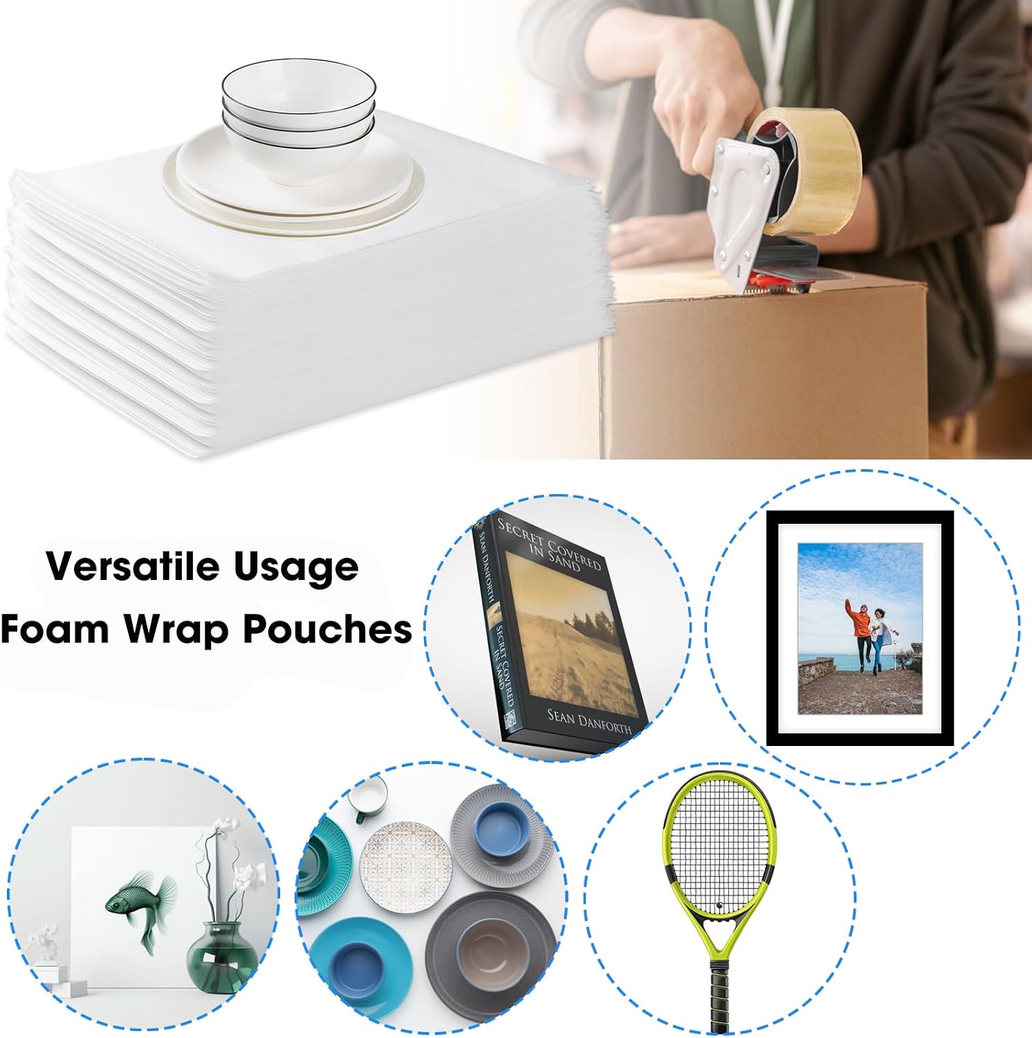 EPHECH 100PCS 12" x 12" Cushion Foam Pouches for Moving & Packing | Double-Layer PO Films Foam Pouches | Reusable Cushion Bags for Moving, Shipping, Dishes, Books, Frames & Fragile Items