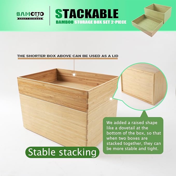 2-Piece Large Bamboo Storage Box Set, 7.1 in High Stackable Deep-Drawer - Image 3