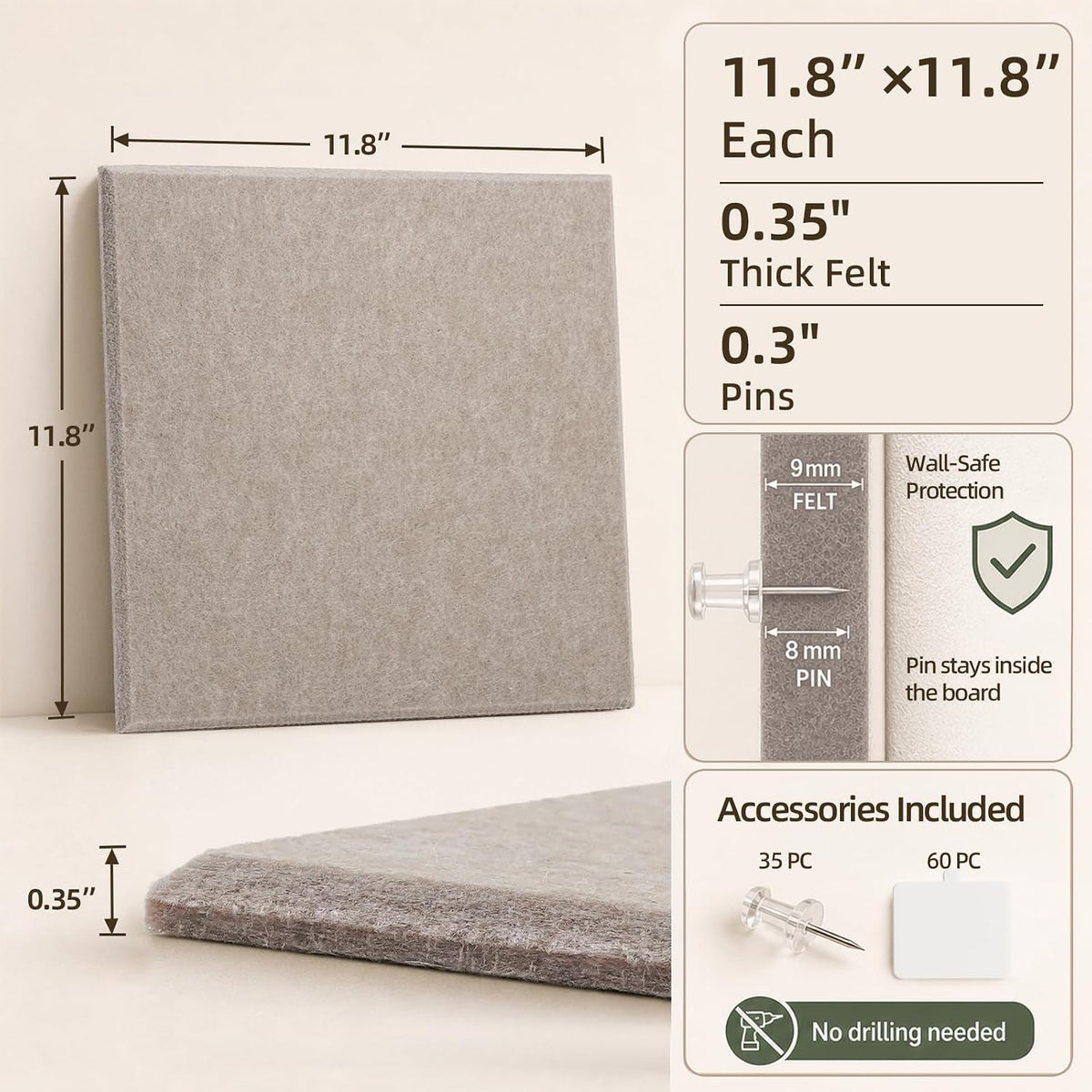 Vieshful Felt Bulletin Board Tiles 48"x36" Pin Board Wall