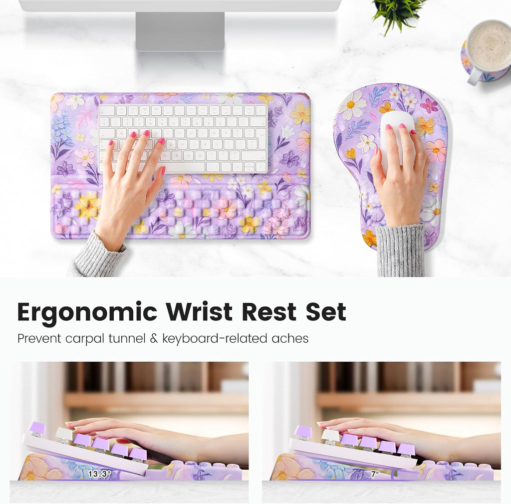 Ospelelf Keyboard Wrist Rest and Mouse Pad Set, Ergonomic Memory Foam Wrist Support, Aesthetic Desk Accessories for Office, Home & Gaming, Relief for Carpal Tunnel & Wrist Pain, Purple Floral