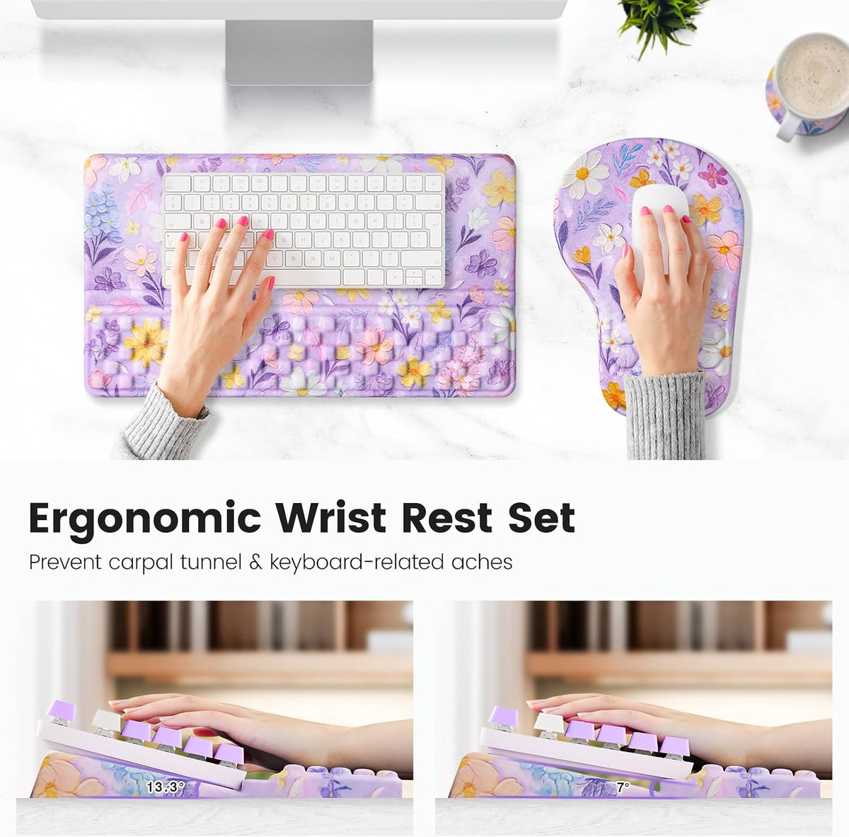 Ospelelf Keyboard Wrist Rest and Mouse Pad Set, Ergonomic Memory Foam Wrist Support, Aesthetic Desk Accessories for Office, Home & Gaming, Relief for Carpal Tunnel & Wrist Pain, Purple Floral