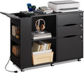 DEVAISE 3 Drawer Lateral Rolling File Cabinet with Lock (Black) | Wood, Charging Station, Open Storage Shelves, Letter & A4 Files, Printer Stand, Home Office