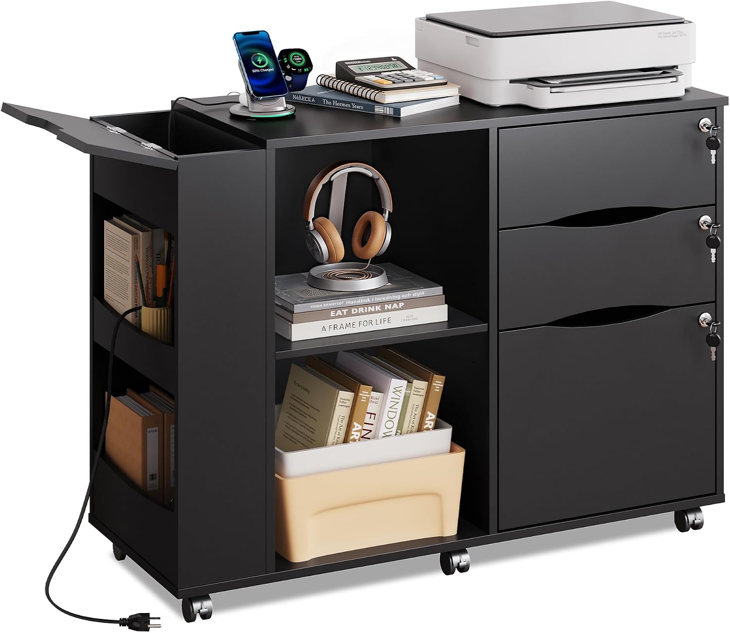 DEVAISE 3 Drawer Lateral Rolling File Cabinet with Lock (Black) | Wood, Charging Station, Open Storage Shelves, Letter & A4 Files, Printer Stand, Home Office