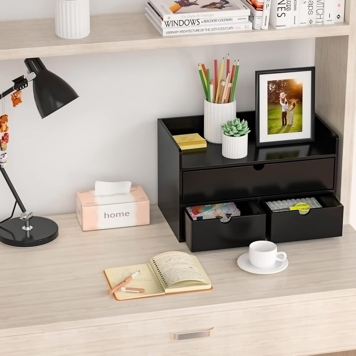 Bamboo Desk Organizer wtih Drawers Mini Desktop Drawer Tabletop Storage