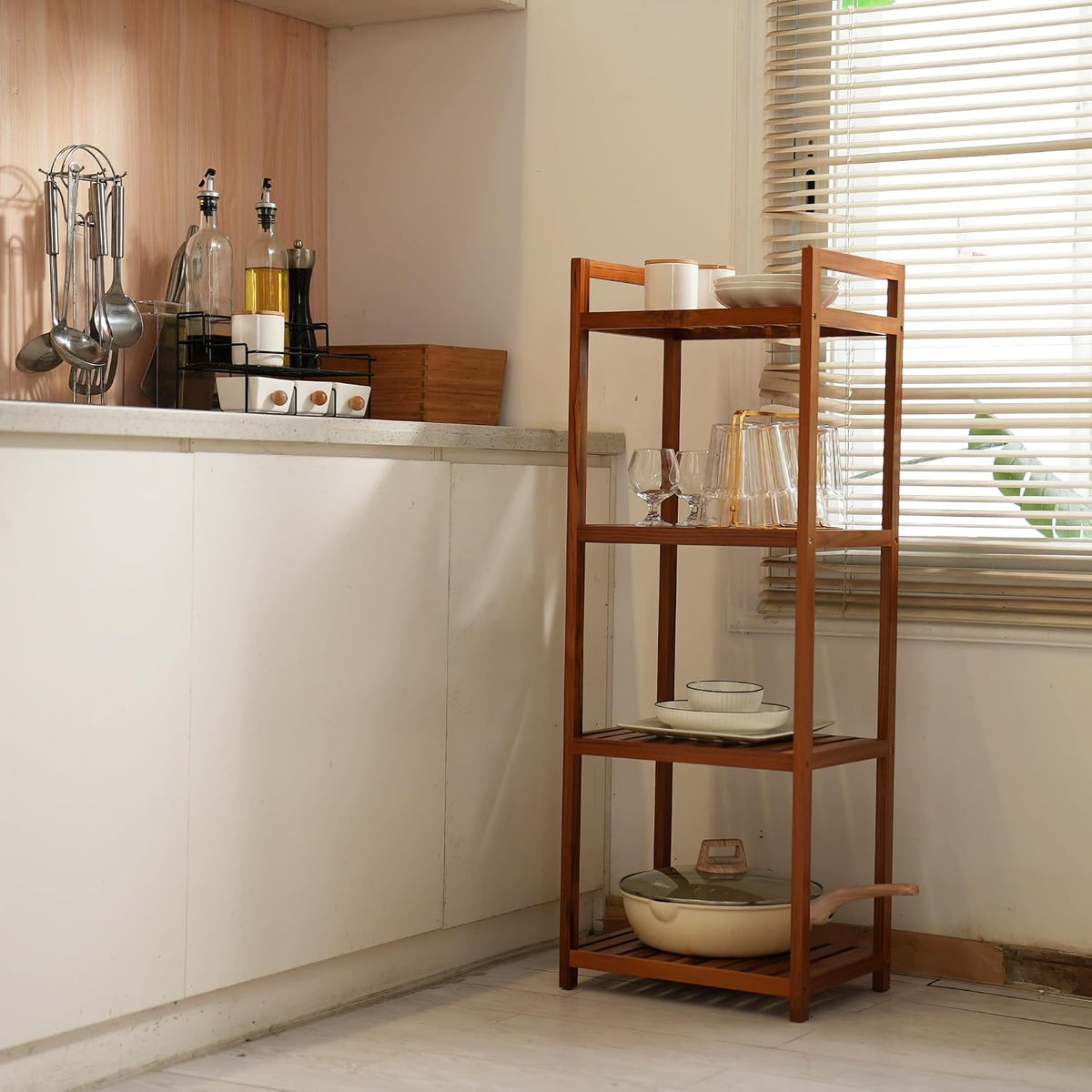 Utoplike Teak Wood Bathroom Shelf Organizer Stand, Standing Shower Caddy