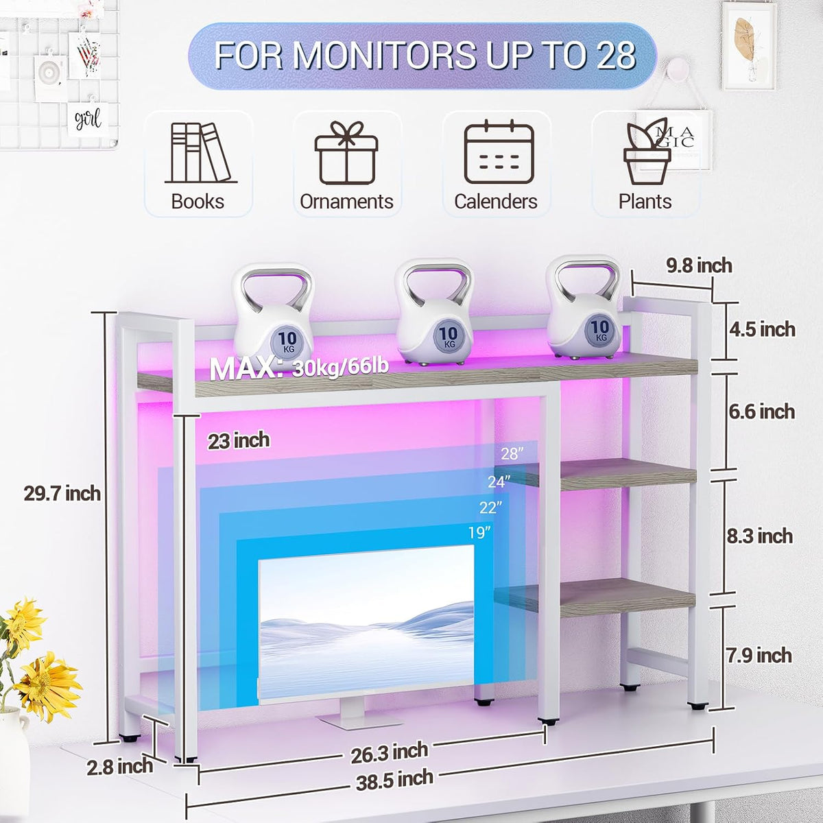 Desk Hutch with Colorful RGB Lights, 4 Tier Desktop Shelf for Max 28" Co...