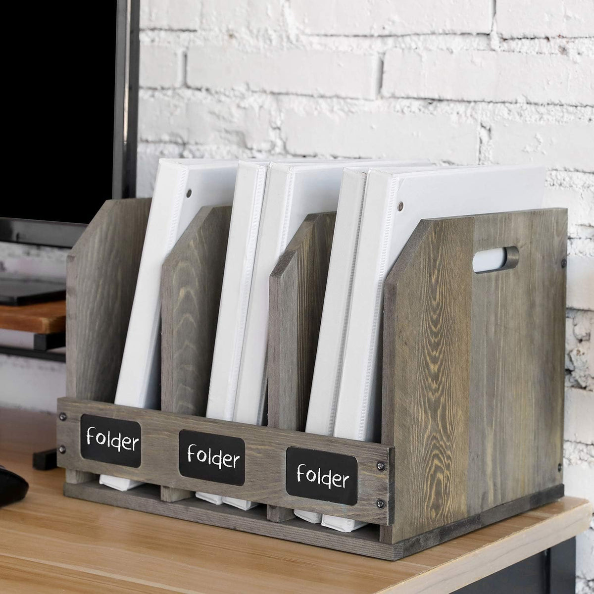 MyGift Gray Wood Magazine Holder with 3 Compartments & Chalkboard Labels