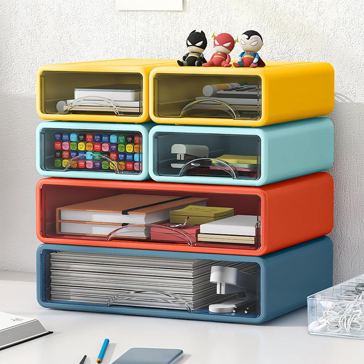 Desk Organizer with Drawers, Stackable Storage Drawers with Compartments Desk...
