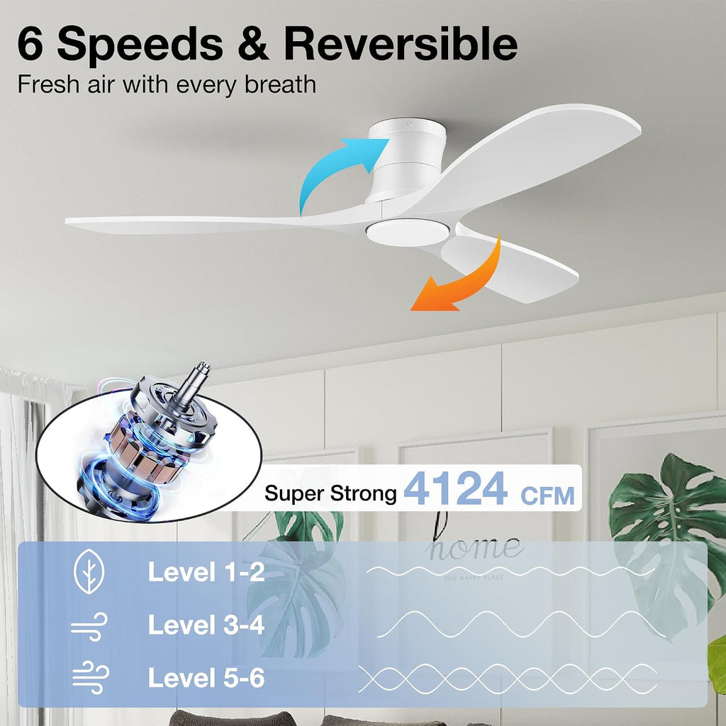 52” smart low profile ceiling fans with light showing dimensions