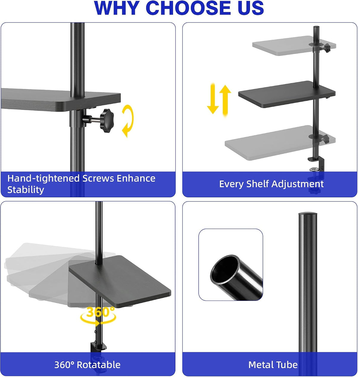 3 Tiers Clamp On Desk Shelf, 360° Angle Adjustable Desktop Shelf Organizer fo...