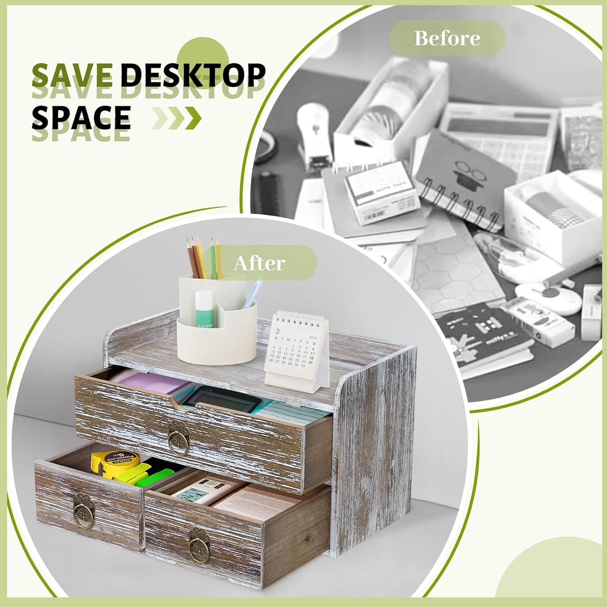 Wood Desk Organizer with Drawer, Washed Brown Wooden Desktop Organizer, Table...