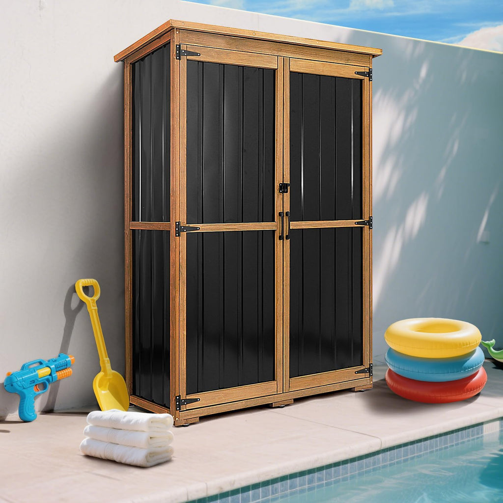 46" l large outdoor storage cabinet with shelves on a desk or shelf