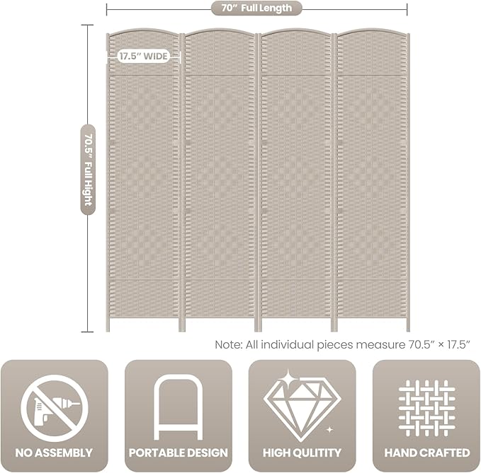 Cocosica 4 Panel Room Divider, 6Ft Folding Privacy Screen, Tall - Image 3