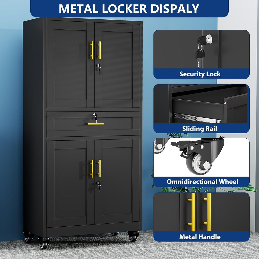 Ckzbx Metal Garage Storage Cabinet with Locking Drawers and Adjustable Shelves,71" H Rolling Tool Storage with Wheels for Garage,Office (Black)