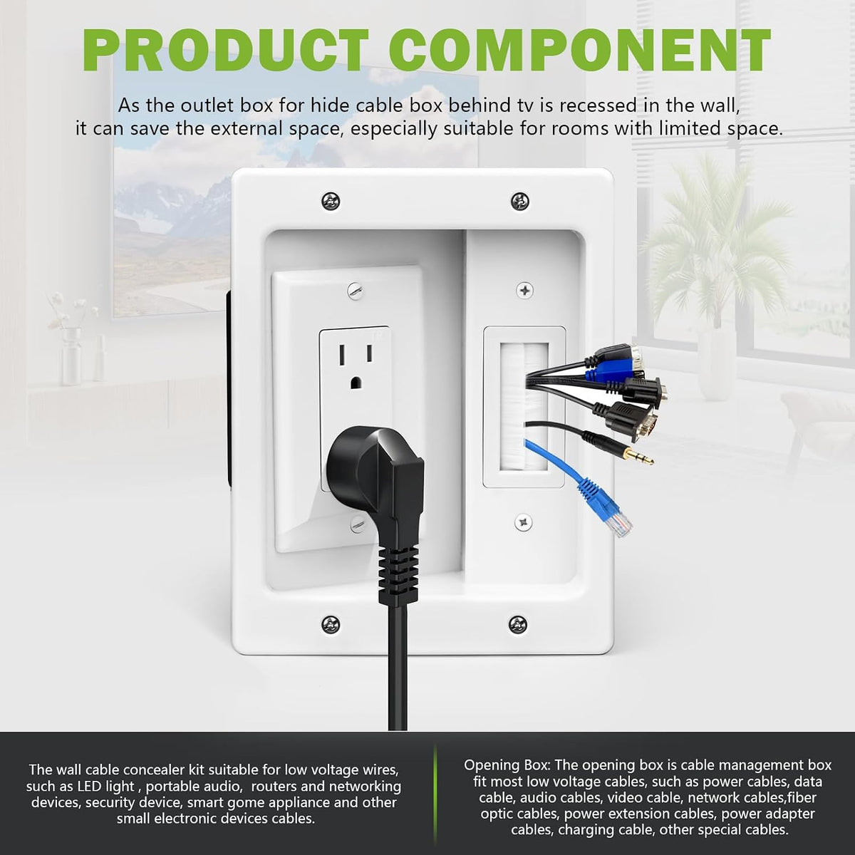 Wall Cable Concealer Management Box Recessed Outlet Wall Mount Behind TV