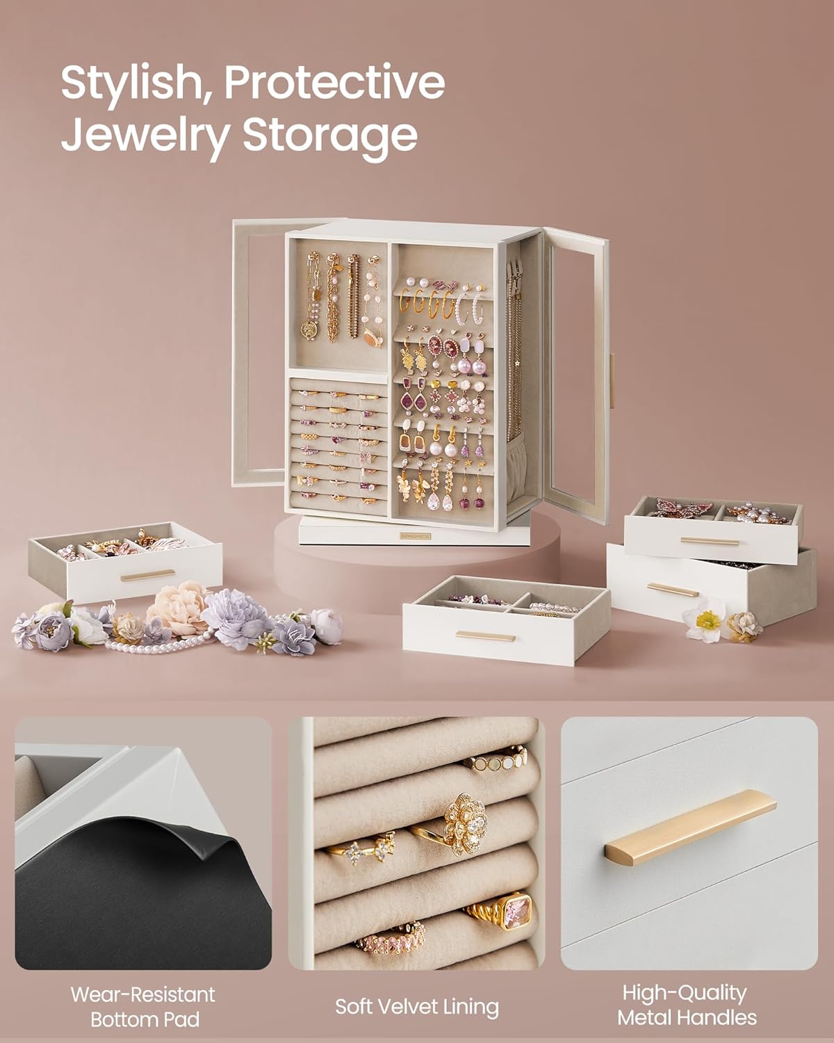 SONGMICS Jewelry Box Organizer, 360° Rotating, 7 Drawers, Cloud White