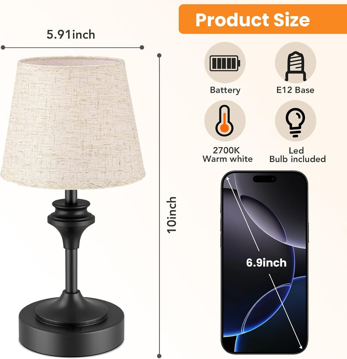NIORSUN Portables Cordless Table Lamp, 10.2" Battery Operated Lamp, Beds...