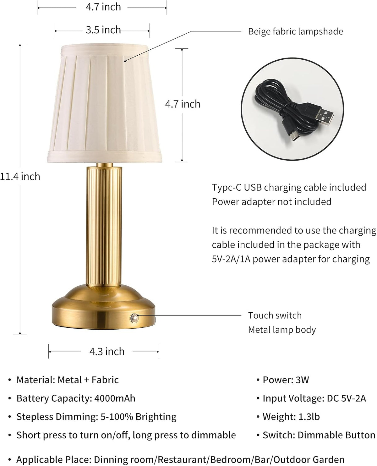 Small Cordless Table Lamp 2 Pack, Gold Fabric Shade LED Touch Lamps