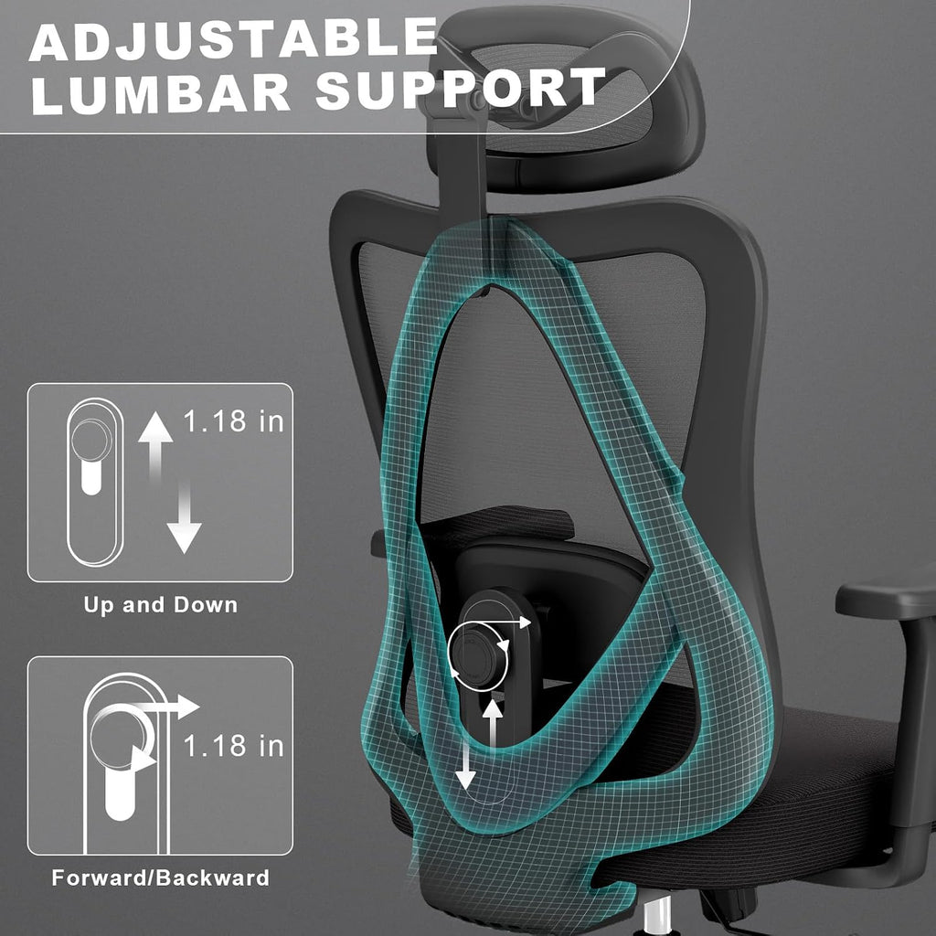 mesh office chair with headrest, lumbar support, 3d showing dimensions