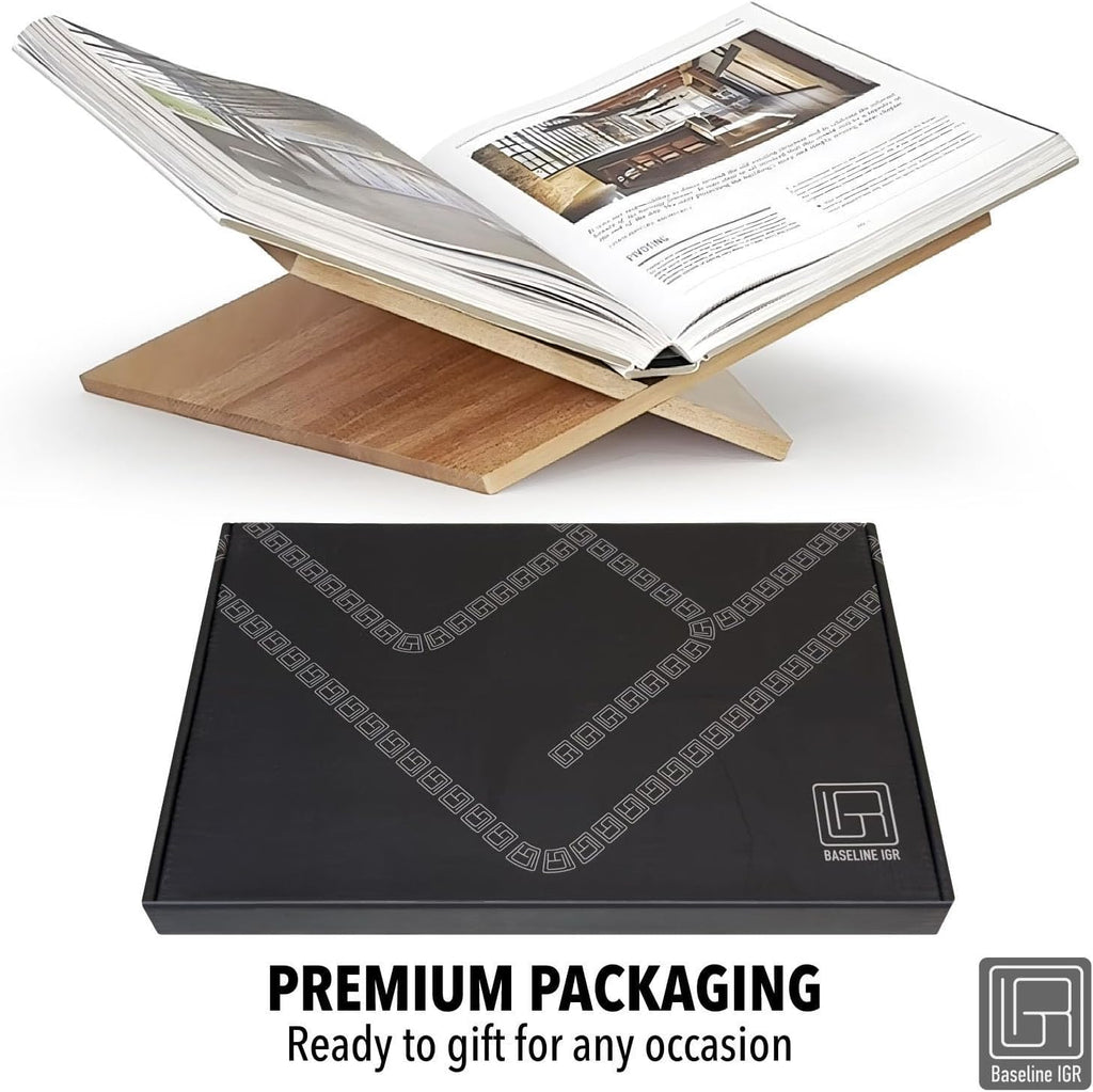 Large Wood Book Stand, 12.5" x 9.5" x 5.5”, Angled Natural Mahogany Wooden Book Holder, Open Bookstand for Display and Reading, Cookbooks, Art Books, Bibles, Magazines - Home and Office