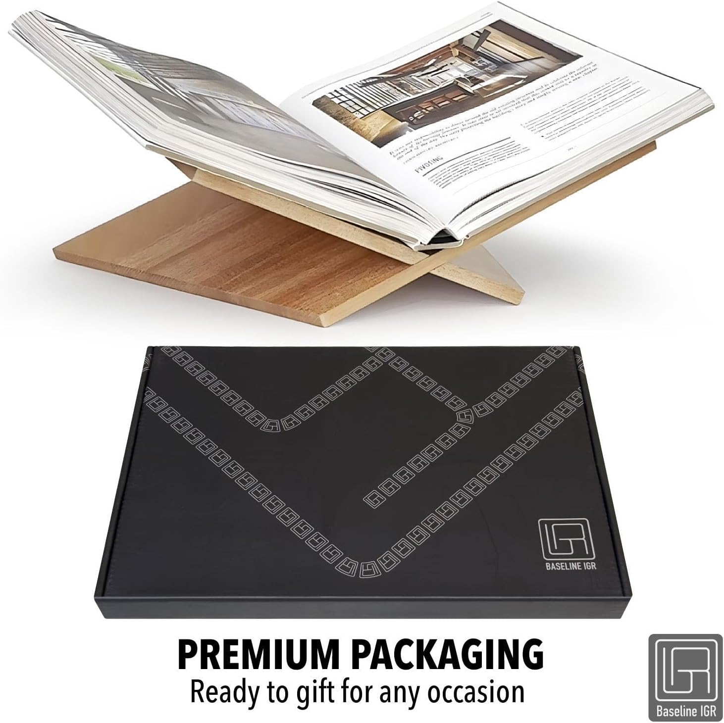 Large Wood Book Stand, 12.5" x 9.5" x 5.5”, Angled Natural Mahogany Wooden Book Holder, Open Bookstand for Display and Reading, Cookbooks, Art Books, Bibles, Magazines - Home and Office