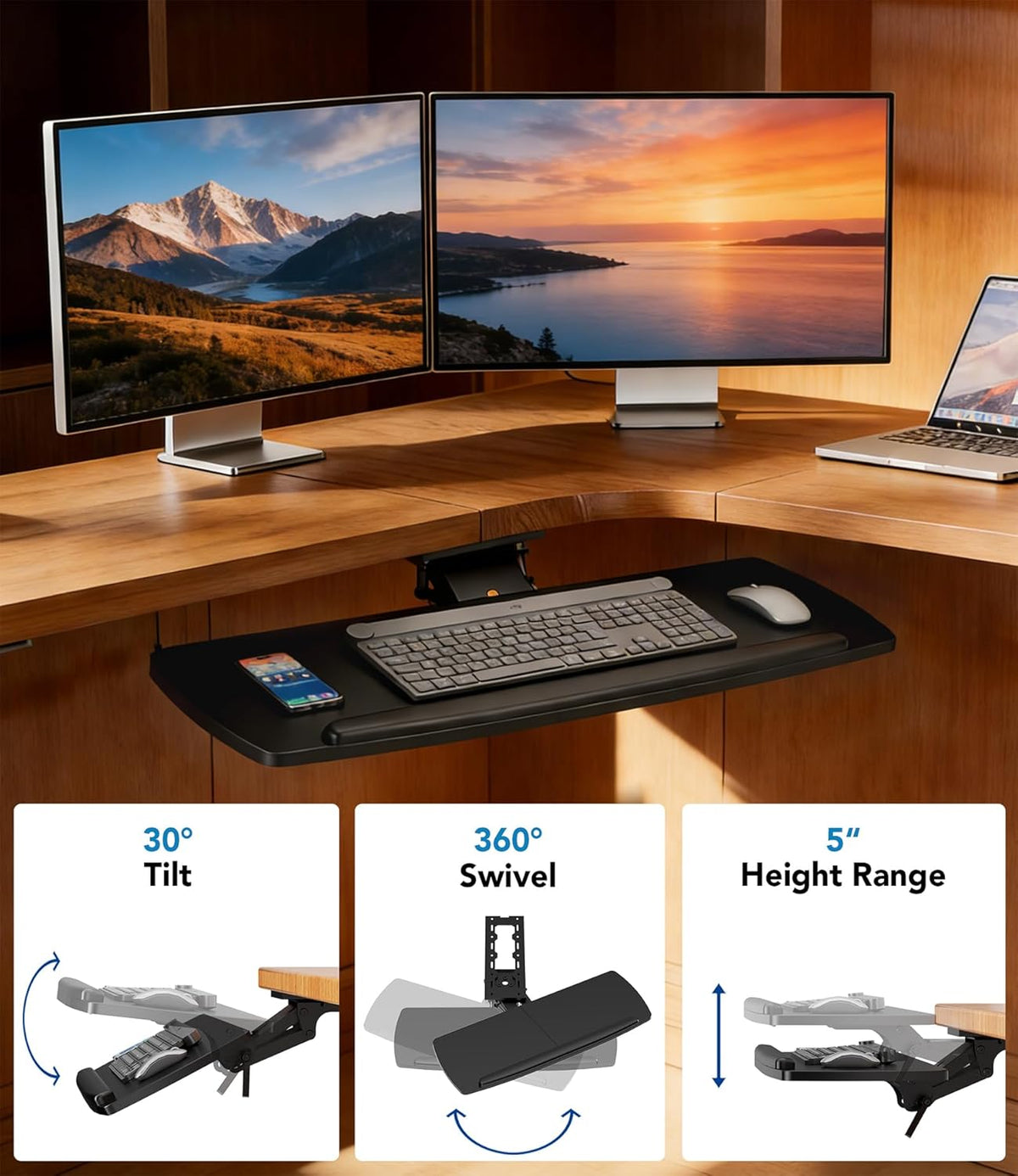 AX WABER Keyboard Tray Under Desk with Storage Drawer, Height Adjustable Keyb...
