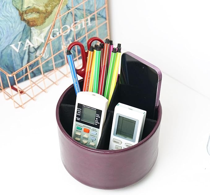 Hennaja Round Leather Art Supply Organizer, Remote Control Holder, 360 Degree - Image 6