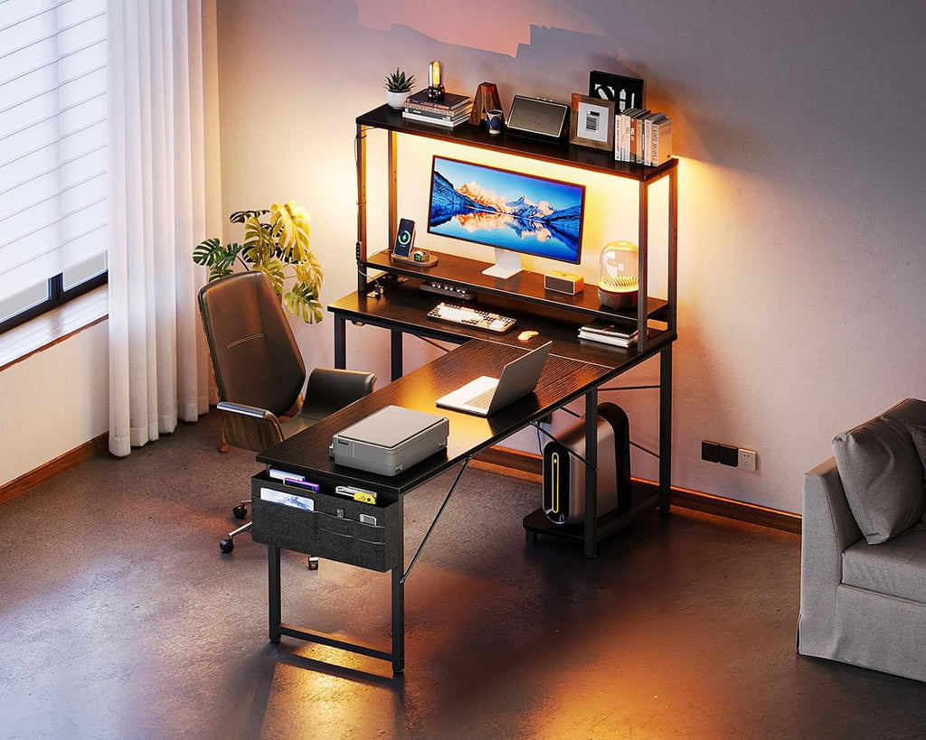 ODK 61" L Shaped Gaming Computer Desk with Shelves, LED & Outlets, Black | Headset hook. Storage bag. Shelves for books & supplies. LED for gaming nights. Reversible. Room for multiple monitors.