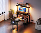 ODK 61" L Shaped Gaming Computer Desk with Shelves, LED & Outlets, Black | Headset hook. Storage bag. Shelves for books & supplies. LED for gaming nights. Reversible. Room for multiple monitors.