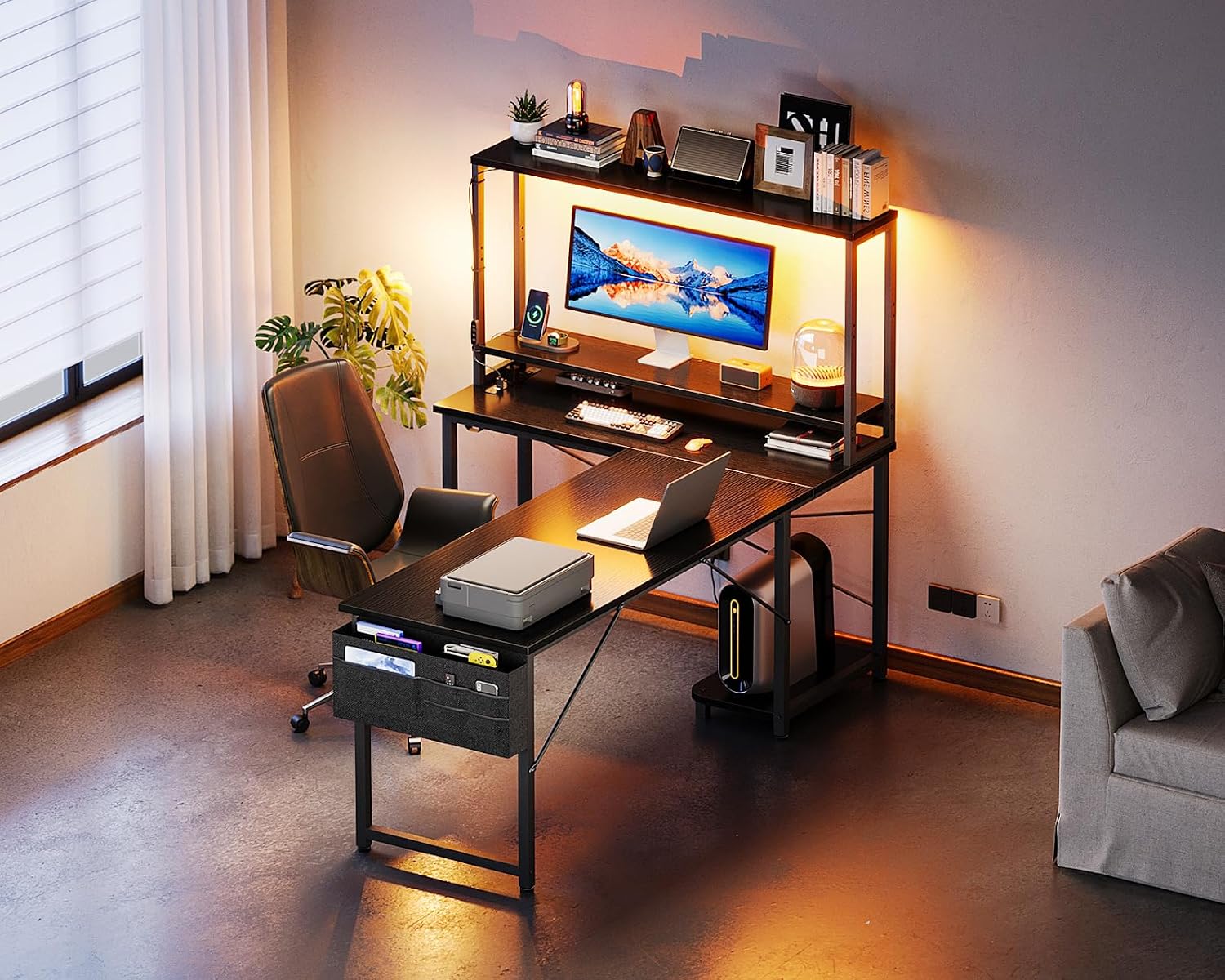 ODK 61" L Shaped Gaming Computer Desk with Shelves, LED & Outlets, Black | Headset hook. Storage bag. Shelves for books & supplies. LED for gaming nights. Reversible. Room for multiple monitors.