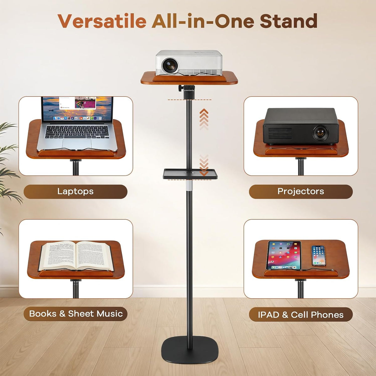 Lectern Podium Stand, Adjustable Height Wooden Podium Lectern with Tray