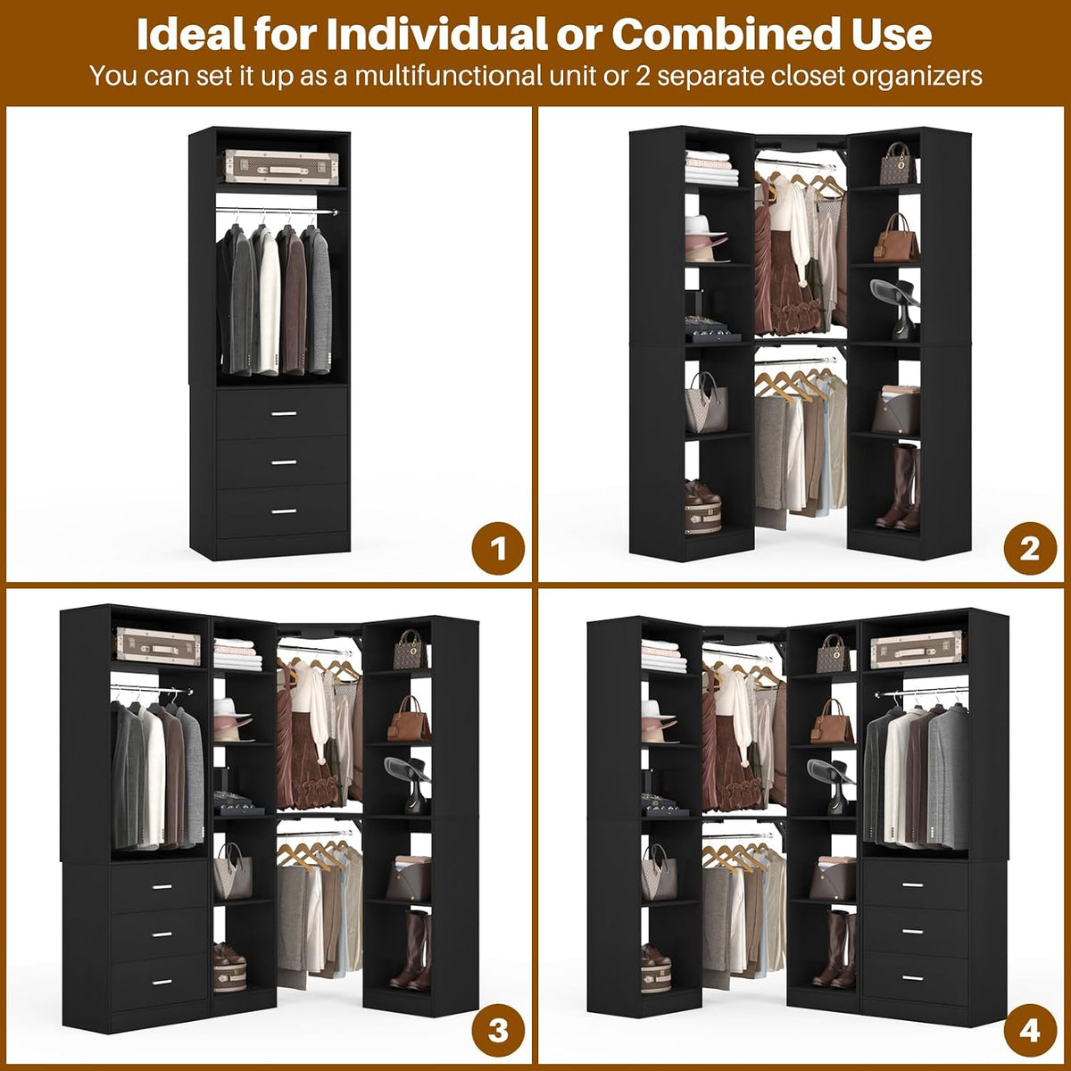 Besiost Corner Closet System with 3 Drawers, Corner Closet Organizer System