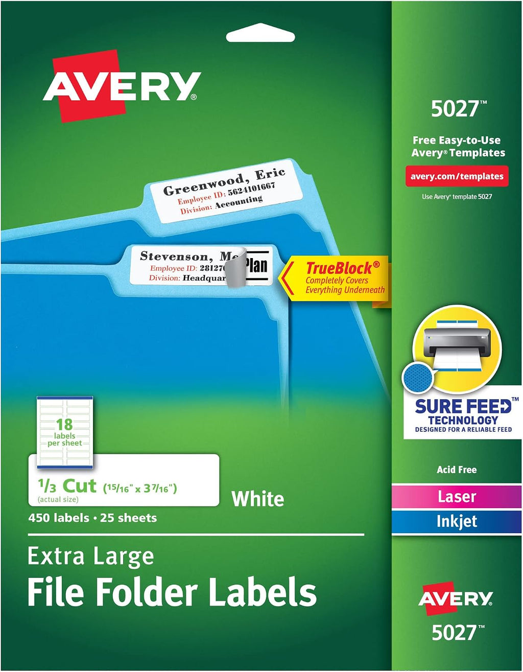 Avery TrueBlock Extra Large File Folder Labels, 15/16" x 3-7/16", 450 Printable Labels, White (5027)
