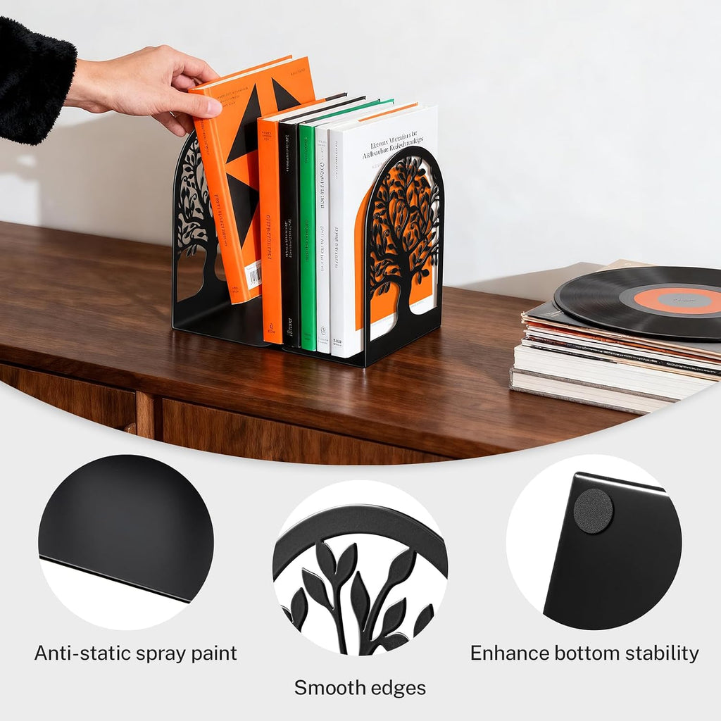 HappyHapi 7 Pair Book Ends, Metal Bookends for Shelves, Decorative Bookends | Decorative Book Holder for Shelf, Tree Stopper for Heavy Books, Black Book Ends for Home Office, 6.5 X 4.7 X 3.5 Inch